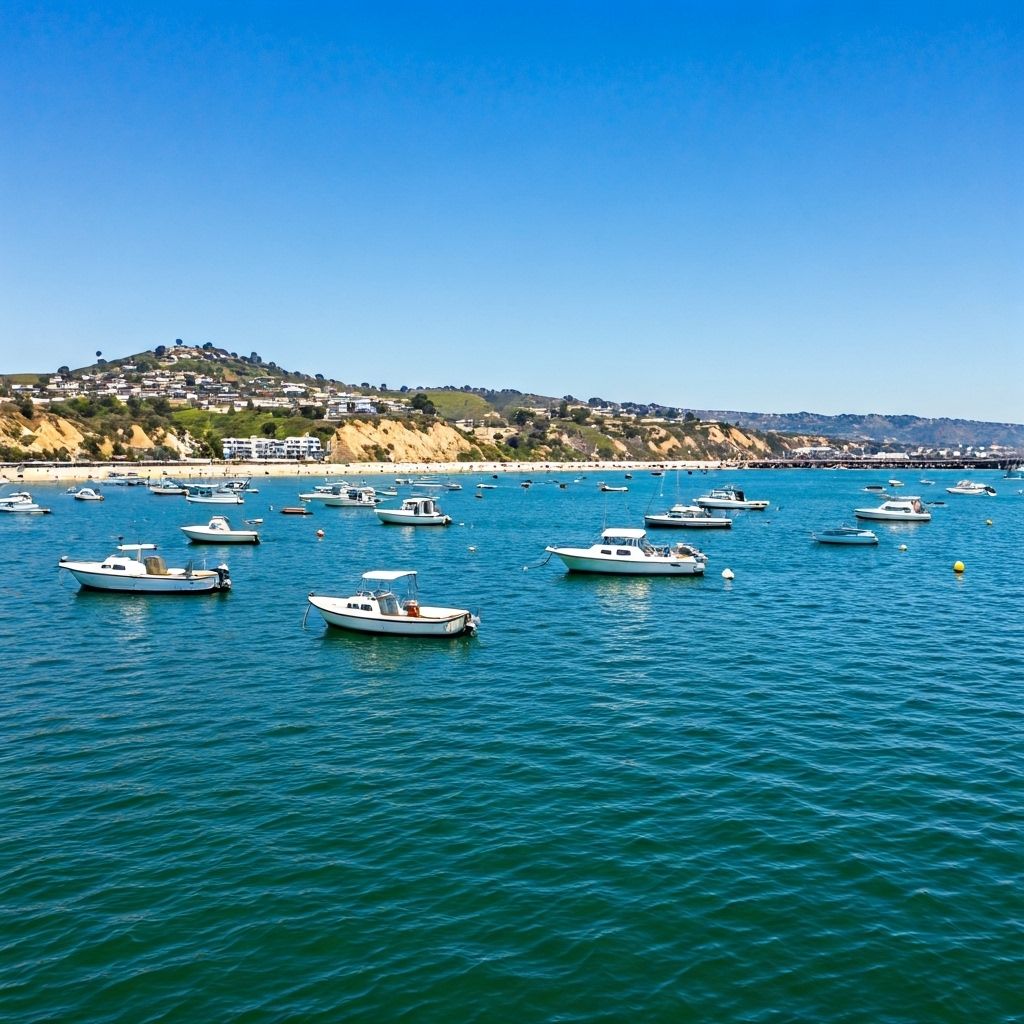 Dana Point harbor with boats and coastal cliffs - perfect for mobility scooter exploration