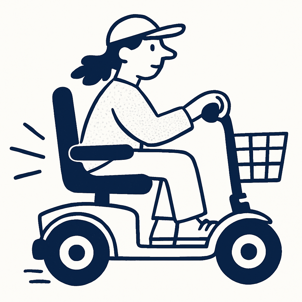 Happy customer using mobility scooter with shopping basket
