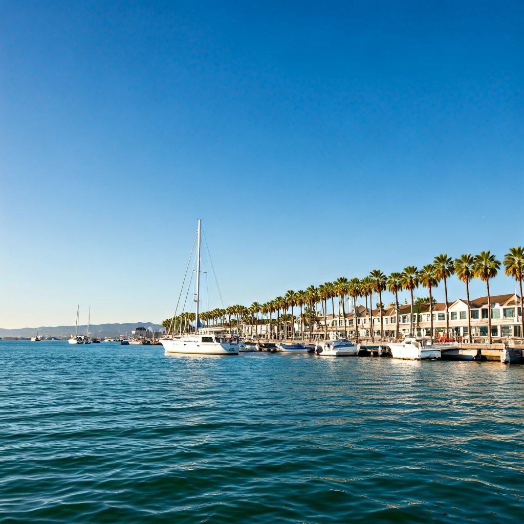 Beautiful Newport Beach harbor with boats and palm trees - perfect for mobility scooter exploration